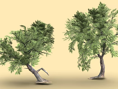 Cartoon Scenery Featuring Two Trees One Curved Trunk Another Straight Green Leaves With Yellow Background 3d model