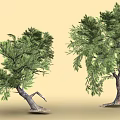 Cartoon Scenery Featuring Two Trees One Curved Trunk Another Straight Green Leaves With Yellow Background