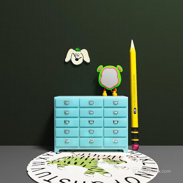 Cute Blue Drawer Cabinet With Cartoon Figure Green Ears White Leaf Pendant And Yellow Pencil 3d model 