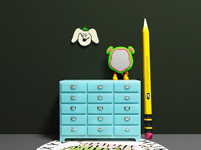 Cute Blue Drawer Cabinet With Cartoon Figure Green Ears White Leaf Pendant And Yellow Pencil 3d model