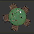 Round Wooden Table With Green Top And Four Wooden Chairs With Wine Bottles And Glasses
