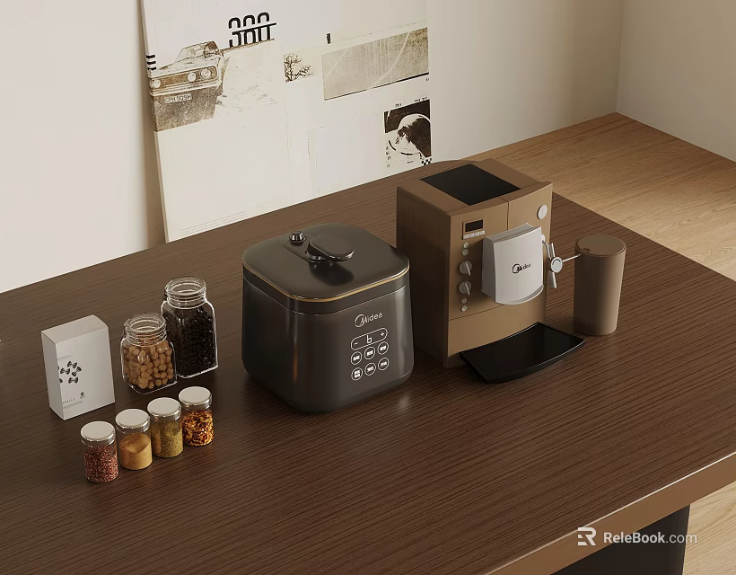 Wooden Kitchen Countertop Featuring Rice Cooker Coffee Machine Spice Jars Small Container And Wall Poster 3d model 