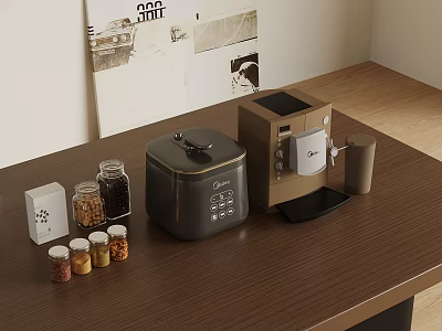 Wooden Kitchen Countertop Featuring Rice Cooker Coffee Machine Spice Jars Small Container And Wall Poster 3d model