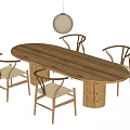Oval Wooden Dining Table Set With Four Chairs And Round Pendant Light