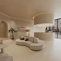 Modern Store Front Desk Featuring Curved Design Neutral Tones And Hanging Pendant Lights