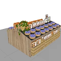 Wooden Display Shelf with Fresh Eggs and Packaged Products Featuring Green Plant Decor
