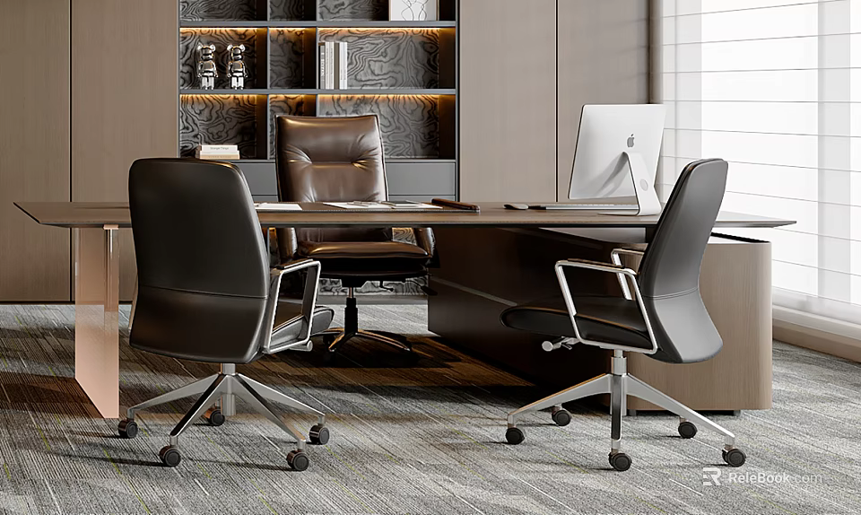 Modern Office Desk Setup With Computer Monitor Ergonomic Chairs And Bookshelf Decor 3d model 