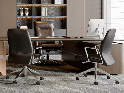 Modern Office Desk Setup With Computer Monitor Ergonomic Chairs And Bookshelf Decor 3d model