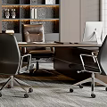 Modern Office Desk Setup With Computer Monitor Ergonomic Chairs And Bookshelf Decor