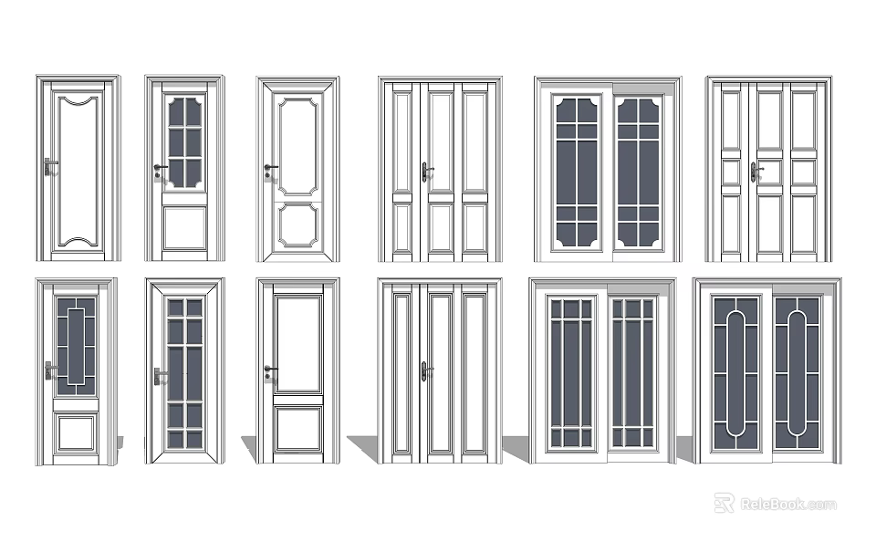 Various Swing Door Designs Featuring Glass Panels And Different Frame Styles 3d model
