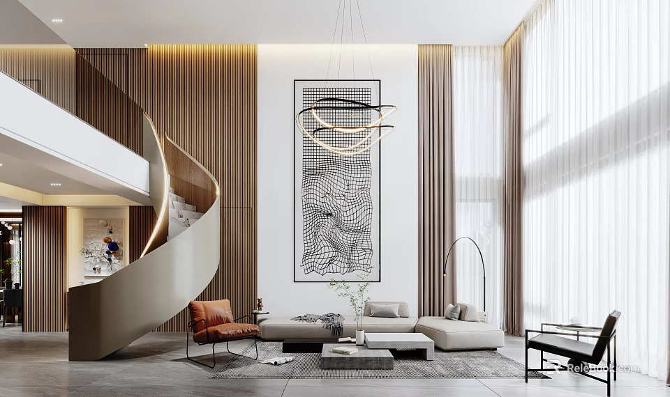 Modern Duplex Living Room Interior Design With Staircase Chandelier Sofa and Curtains 3d model 