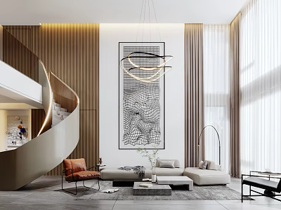Modern Duplex Living Room Interior Design With Staircase Chandelier Sofa and Curtains 3d model