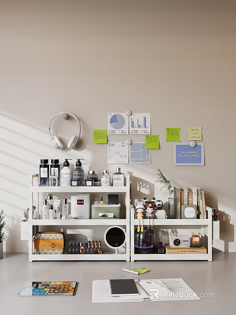 Stylish Decorative Items Set with Headphones Sticky Notes Charts and Bottles on White Shelves 3d model 