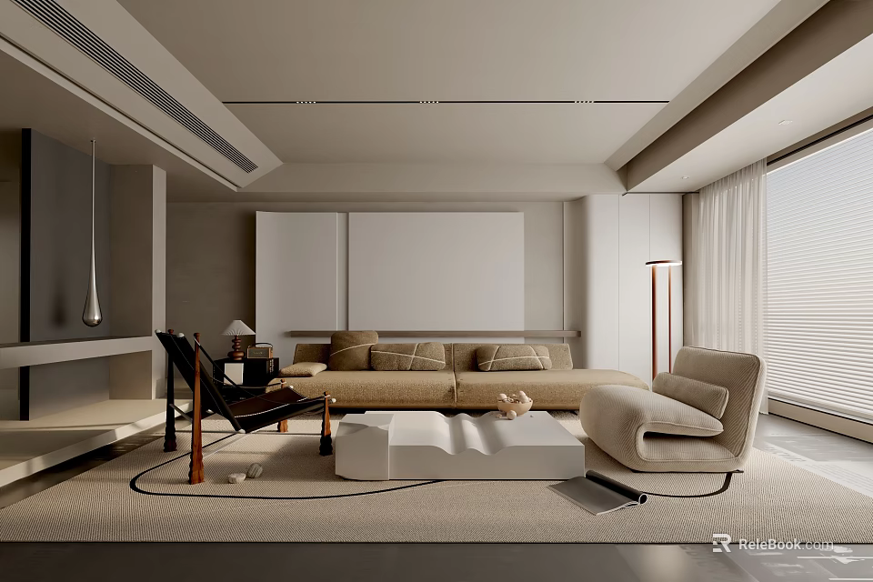 Modern Living Room Interior With Sofa Armchair Coffee Table Large Window And Minimalist Design 3d model 