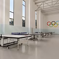 Modern Indoor Basketball Gymnasium With Wooden Court Seating And Hanging Banners
