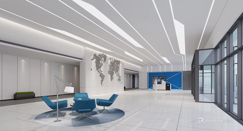 Modern Front Desk Reception Area Featuring World Map Wall Blue Chairs And Lighting Design 3d model