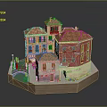 European Building Model with Red Roofs Colorful Walls Arched Windows and Small Balconies