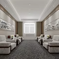 Spacious Hotel Public Lounge Area Featuring Comfortable Sofas Elegant Paintings Large Window And Soft Carpet 3d model