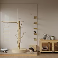 Wooden Cat Tree Play Area With Ladder Platform Cabinet Bed Plants And Litter Box