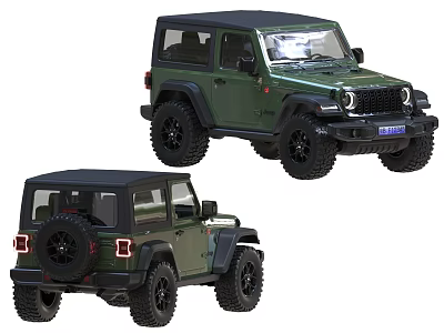 Green Two Door Jeep SUV with Black Roof and Rear Spare Tire 3d model