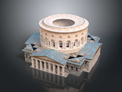 Classical Circular Building with Colonnade Arched Windows and Blue Roof Tiles 3d model