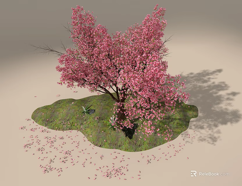Pink Flowering Tree In Green Grass Tree Pit With Scattered Petals And Frog 3d model 