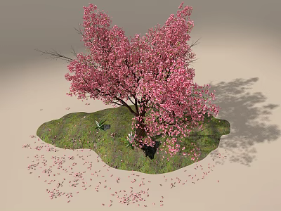 Pink Flowering Tree In Green Grass Tree Pit With Scattered Petals And Frog 3d model