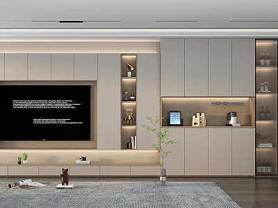 Modern TV Wall Cabinet Design With Built in Cabinets Open Shelves And Decorative Green Plant 3d model