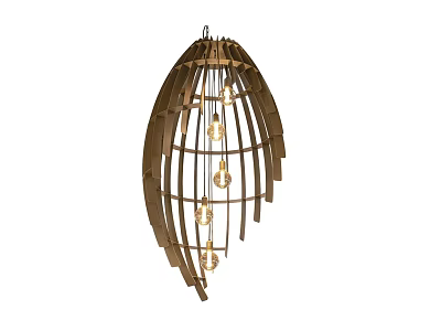 Oval Shaped Modern Chandelier With Wooden Strips And Hanging Bulbs Design 3d model