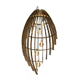 Oval Shaped Modern Chandelier With Wooden Strips And Hanging Bulbs Design