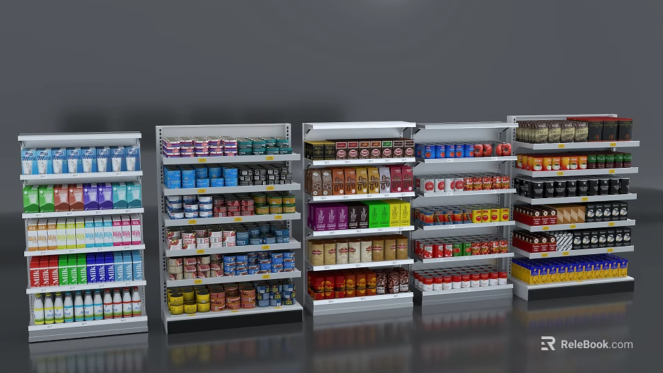 Supermarket Shelves Stocked With Various Food Items Beverages And Packaged Products 3d model 