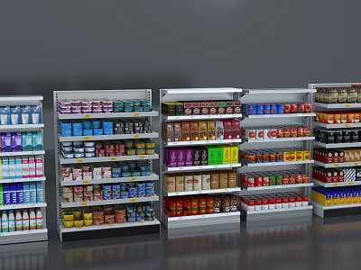 Supermarket Shelves Stocked With Various Food Items Beverages And Packaged Products 3d model