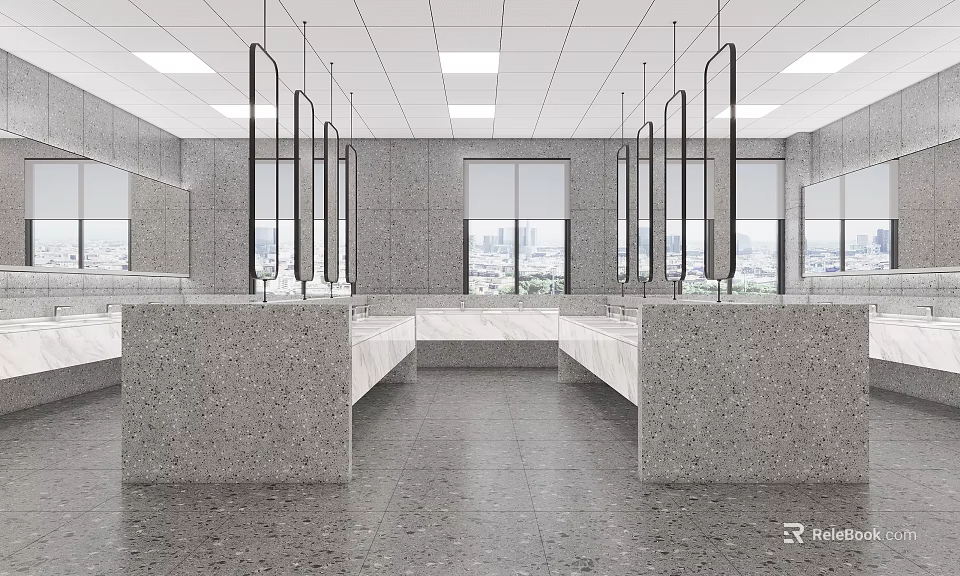 Public Toilet Interior Design With Marble Countertops Large Windows Mirrored Walls And Gray Floor Tiles 3d model 