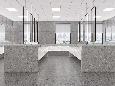 Public Toilet Interior Design With Marble Countertops Large Windows Mirrored Walls And Gray Floor Tiles 3d model