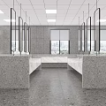Public Toilet Interior Design With Marble Countertops Large Windows Mirrored Walls And Gray Floor Tiles