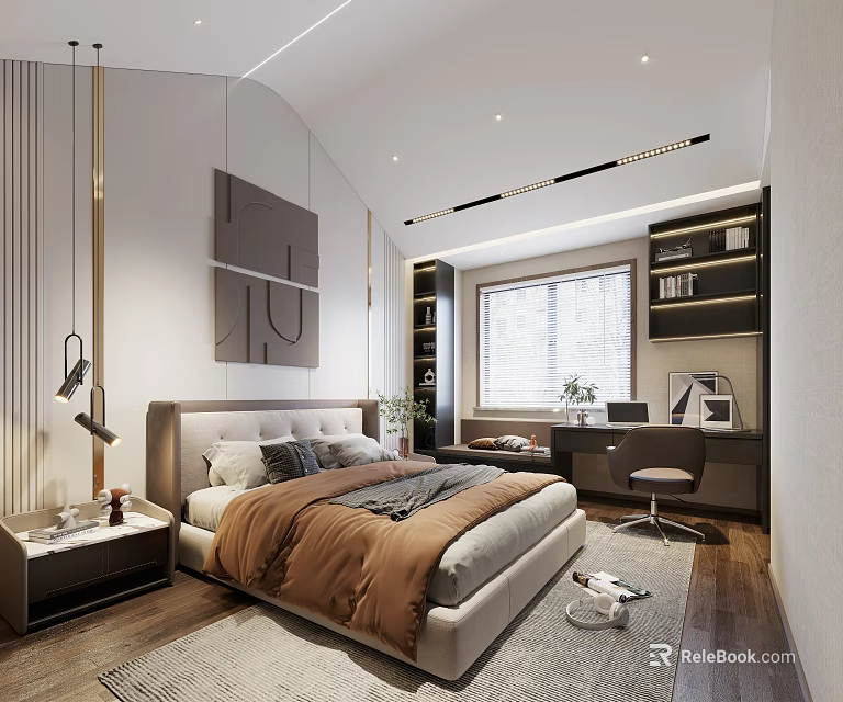 Elegant Modern Bedroom Interior With Sleek Bed Nightstand And Wall Art 3d model 
