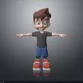 3D Child With Brown Hair Green Eyes Gray T-Shirt Blue Shorts Red Shoes Arms Outstretched