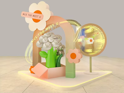 MOSTROMET Arch Display Setup With Flower Decorations Nice To Meet U Sign And GIFT Globe 3d model