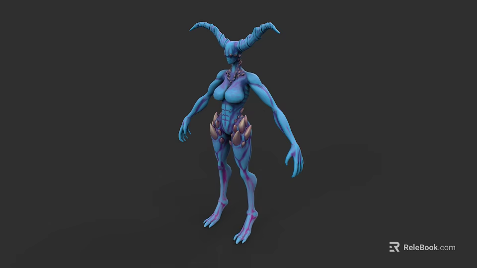 Blue Skinned Horned Humanoid Creature 3D Model With Elongated Fingers And Purple Accents 3d model 