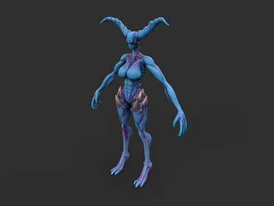 Blue Skinned Horned Humanoid Creature 3D Model With Elongated Fingers And Purple Accents 3d model