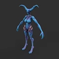 Blue Skinned Horned Humanoid Creature 3D Model With Elongated Fingers And Purple Accents