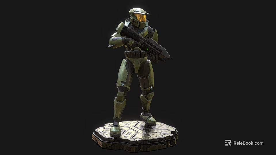Sci Fi Armored Humanoid Warrior Character Standing With Weapon On Patterned Platform Base 3d model