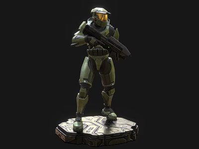 Sci Fi Armored Humanoid Warrior Character Standing With Weapon On Patterned Platform Base 3d model
