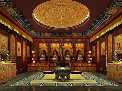 Religious Faith Temple Interior With Golden Ceiling Buddha Statues Incense Burner And Murals 3d model
