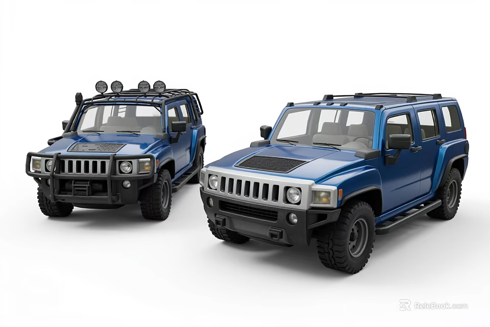 Two Blue Hummer SUV Models With Roof Racks And Off Road Features 3d model 