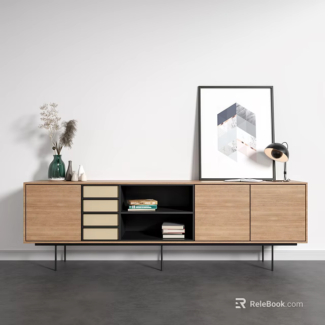 Modern Wooden TV Stand With Drawers And Cabinet Doors Decorative Vase Artwork And Table Lamp 3d model 