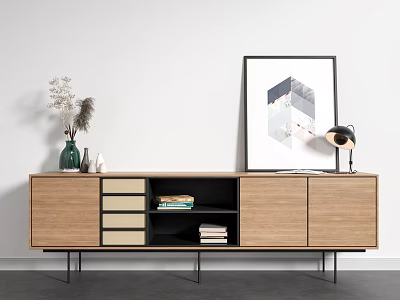 Modern Wooden TV Stand With Drawers And Cabinet Doors Decorative Vase Artwork And Table Lamp 3d model