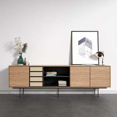 Modern Wooden TV Stand With Drawers And Cabinet Doors Decorative Vase Artwork And Table Lamp 3d model