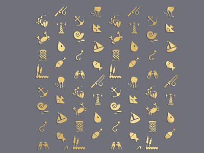 Golden Fishing Icons Collection With Various Marine Elements On Gray Background 3d model