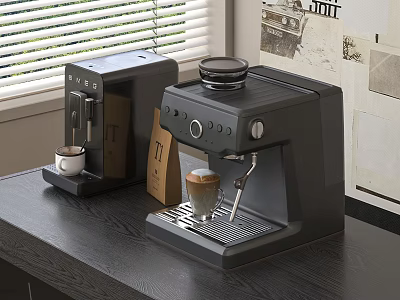 Stylish Modern Kitchen Countertop Setup With Dark Coffee Machines And Appliances 3d model